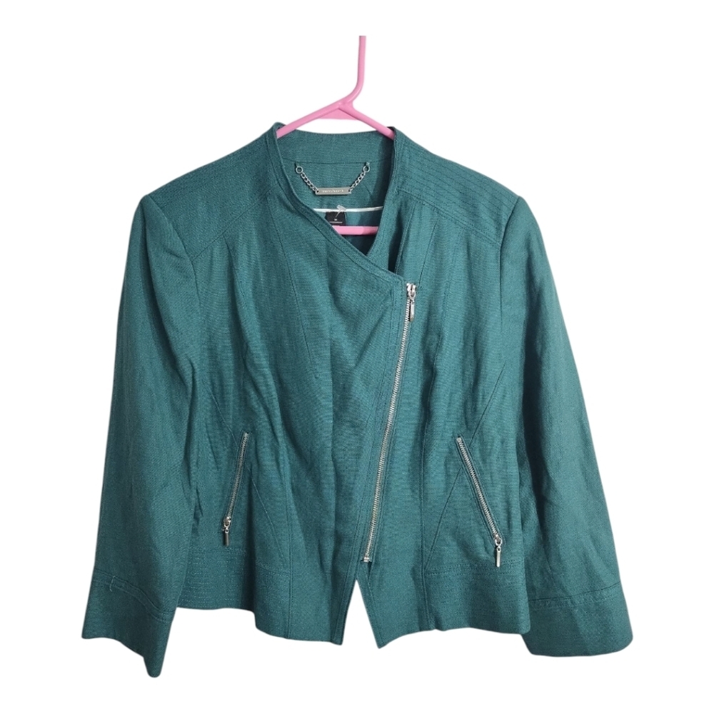 WHBM Linen Loyocell Blend Assymetrical‎ Zip Office Preppy Moto Blazer Jacket 14